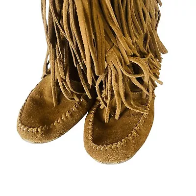 MINNETONKA Boots Women's Size 7 Tan Leather Fringe Boot Moccasin /No Tassel On 1 • £17.35