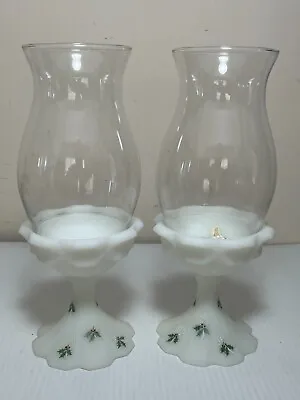 Rare Vintage Pair Fenton Holly And Berry Hurricane Candle Holders Signed Glass • $39.99