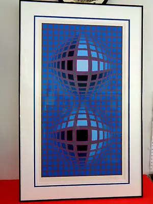 Victor Vasarely Siged & Numbered Double Blue Spheres Serigraph (20 By 37 ) • $650