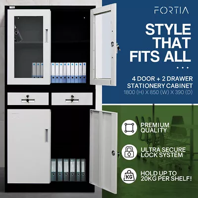 FORTIA Stationery Cabinet Office Metal Lockable Storage 4 Door Cupboard Drawers • $283