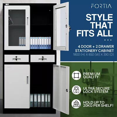 FORTIA Stationery Cabinet Office Metal Lockable Storage 4 Door Cupboard Drawers • $288