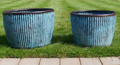 Large Blue  Ribbed Galvanised Metal Garden Planters Distressed Vintage Tub Pots • £65.95