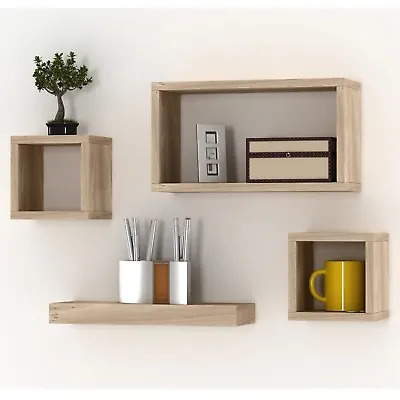 Set Of 4 Wooden Floating Cube Shelves Wall Hanging Storage Display Deco Shelving • £12.99
