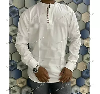 Mens Kurta White Color Mens Fancy Kurta Cotton Dress Mens Shirt Plain Top Tonic • $20.50