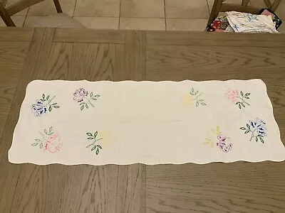 Vintage Hand Embroidered Floral Table Runner Granny Cottage Core 42” X 15” • $10