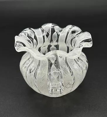 Beautiful Murano Miniature Latticino Hand Blown Art Glass Ruffled Vase • $26.99