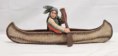 Hand Painted Native American Indian Man In Canoe 2pc Bisque 14.75  Wide Decor • £23.65