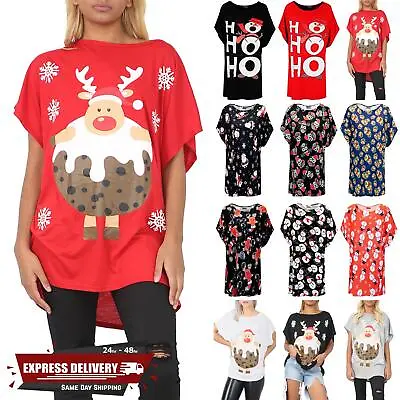Womens Ladies Basic Oversized Christmas Printed Xmas Baggy Batwing T Shirt Tops • £11.99