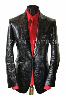 Men's Real Leather Crocodile Embossed Blazer Single Button Long Lapel Black Coat • $143.99