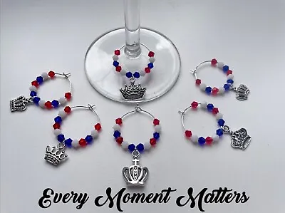 £3.99 • Buy Set Of 6 Wine Glass Charms JUBILEE KINGS CORONATION THEMED With Free Organza Bag