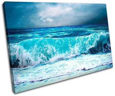 Storm Wave Blue Sunset Seascape SINGLE CANVAS WALL ART Picture Print VA • £19.99