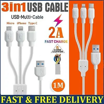 3 In 1 Universal Charger Cable Long Fast Multi USB Charging Lead Samsung IPhone • £3.45