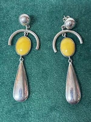 Vintage Mexican Sterling Dangly Earrings Opaque Yellow Stone 3” • $35