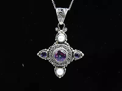 MYSTIC QUARTZ AMETHYST & PEARLS PENDANT On 18  CHAIN Sterling 1.25  925 NWT EB1 • $53.19