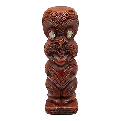 Vintage Carved New Zealand Wooden Maori Tiki Statue Paua Shell Eyes 15cm Signed  • $20.88