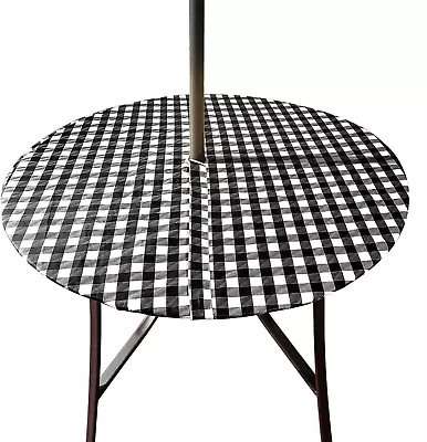 Vinyl Round Fitted Tablecloth With Zipper And Umbrella Hole Outdoor Oil Waterpr • $22.86