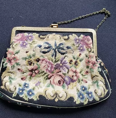 Vtg 50s Tapestry Evening Bag Small Purse Floral Clasp French France Flowers B14 • $21