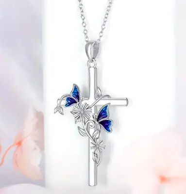 Blue Butterfly Cross Necklace Classic Jewelry Holiday Gift Men Women Mom Family • $9.98