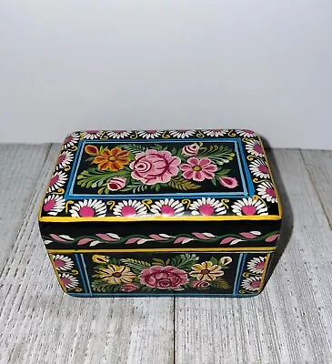 Hand Painted Folk Mexican Wood Box Black W/Flowers • $9.99