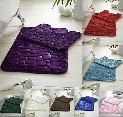 £10.90 • Buy Pebbles Block  BATH MAT SET PEDESTAL NON SLIP SUPER SOFT TOILET BATHROOM RUG 2PC