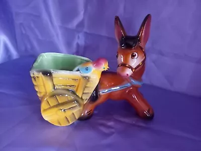 A Very Fine Vintage - Kitsch Ceramic Donkey With Cart & Bird - Ornament - Vgc • $52