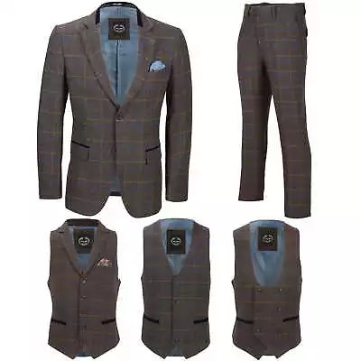 Mens 3 Piece Tweed Check Suit Ash Brown Separately Sold Blazer Waistcoat Trouser • £44.99