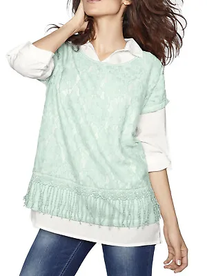 Linea Tesini Cream/Aqua 2-in-1 Shirt/Tassled Lace Overlay Top Set - BNIP  • £6.99