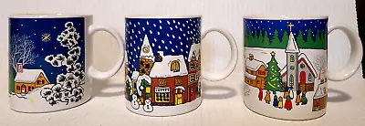 Vintage Christmas Winter Village Scene Mugs Set Of 3 - Lovely! - Made In Japan • $27.85