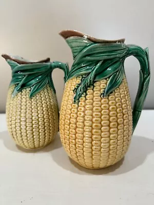 2  RARE  Etruscan Majolica GHS Corn Pitchers 7 1/4  & 6 1/2  • $365