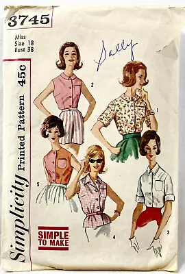 1960s Simplicity Sewing Pattern 3745 Womens Blouses 5 Styles Size 18 Vintg 12265 • $20