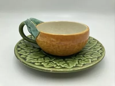 Antique Sarreguemines France Tea Cup & Saucer Orange Twig & Leaf Handle Majolica • $78.40