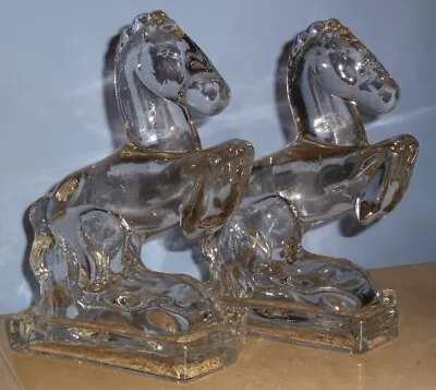 (2) Vintage L. E. Smith Galloping Horse Bookends Mid Century Clear Heavy Glass • $24.99