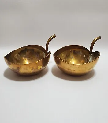 Vintage Solid Brass Leaf-shaped Bowls Cups Candle Holders Set Of 2 Tarnished • $9.97