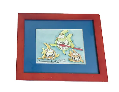 Vintage Signed Steve Gill Watercolor Art Print Sharks Brushing Teeth Framed • $20
