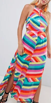 Monsoon Accessorize Beach Stripe Maxi Dress Halter Neck Rainbow Multi Medium • £29.99