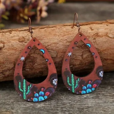 Hollow Teardrop Flower Pattern Dangle Earrings Western Elegant Wooden Jewelry • $15