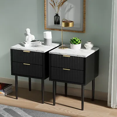 Nightstands Set Of 2 Gold Handles Imitation Marble Top Accent End Table Side • $164.99