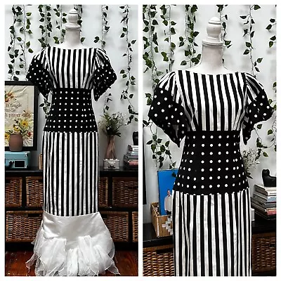 Vintage 80s Maxi Prom Formal Dress Black White Avant Garde New Wave M/L • $74.99