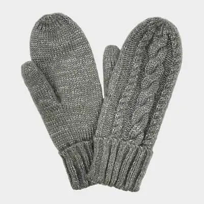 $18.95 • Buy NEW Gray Cable Knit Fleece Lined Mitten Gloves W/ Shiny Silver Metallic Thread 