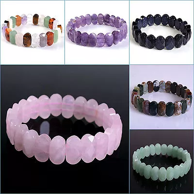 $9.99 • Buy 14mm Faceted Oval Gemstone Beads Stretchable Bracelet 7 -7.5 