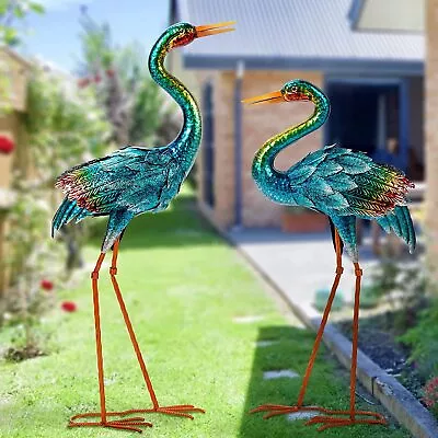 Garden Crane Statues For Outdoor Metal Blue Heron Decor Standing Sculptures 2Pc • £190.03