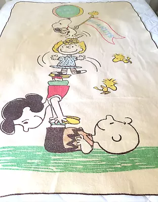 VTG 60's PEANUTS BLANKET Keep Fit Beige/Multi Colored Characters 44 X68 • $29.99