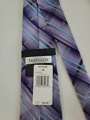 NEW Van Heusen Men's Tie Purple Tartan Plaid Skinny / Long Silk Necktie $45 MSRP • $20