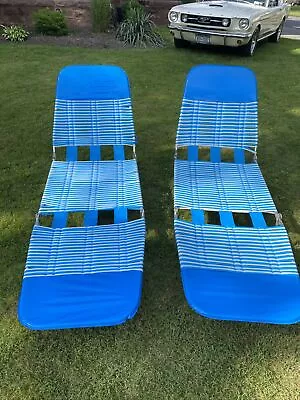 2 Vintage Folding Chaise Lounge Lawn Chair Blue Beach Camp Pool Jelly Vinyl Tube • $57.55