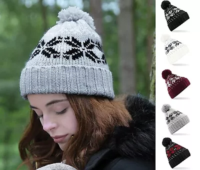 Womens Mens Fair Isle Bobble Hat Winter Knit Woolly Pom Pom Hat Apres Ski Beanie • £8.99