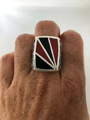 Vintage Southwestern Coral Mens Ring Inlay Silver White Bronze Size 6.5 • $44