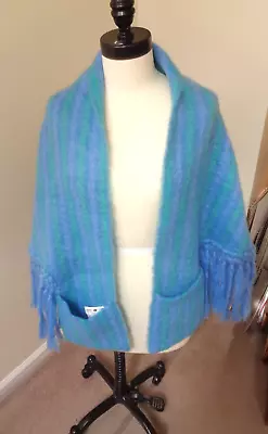 Donegal Design Mohair Blue/purple/turquoise Wrap W/fringe/front Pockets-ireland • $89.99