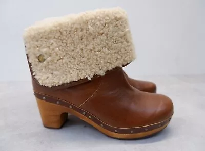 Ugg Womens Clogs Heeled Boots Size Uk 5.5 Eu 38 Tan Leather Sheepskin • £56