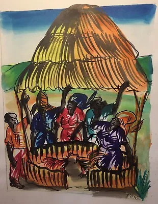 Vtg African Watercolor Painting Cockfight W Village Women Artist Signed ROSE • £19.40