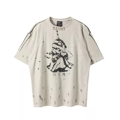 Saint Michael Cartoon Vintage Washed T-Shirt Unisex Casual Street Short Sleeve • $35.88